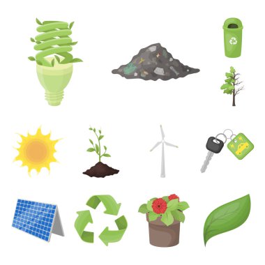 Set koleksiyonu tasarım için biyoloji ve ekoloji karikatür simgeler. Bir ekolojik saf ürün vektör simge stok web çizimi.