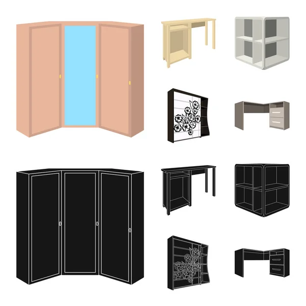 Tocador, estantes de esquina, escritorio de la computadora, armario con vidrio. Dormitorio muebles conjunto colección iconos en dibujos animados, negro estilo vector símbolo stock ilustración web . — Vector de stock