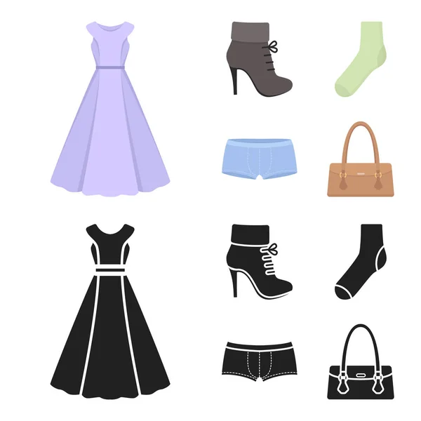 Botas de mulher, meias, calções, bolsa de senhora. Conjunto de roupas ícones de coleção em desenhos animados, estilo preto símbolo vetorial ilustração web . —  Vetores de Stock