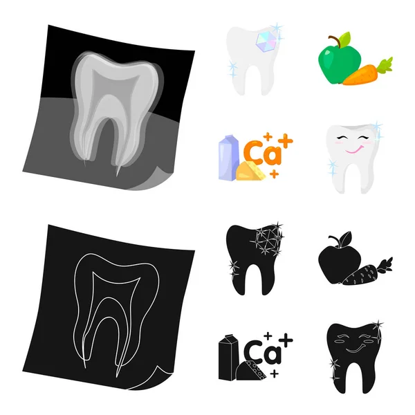 Un diente con brillo brillante, una manzana con zanahorias útiles para los dientes, leche en una caja, queso y un signo de calcio, un diente sonriente. cuidado dental conjunto colección iconos en dibujos animados, vector de estilo negro — Vector de stock