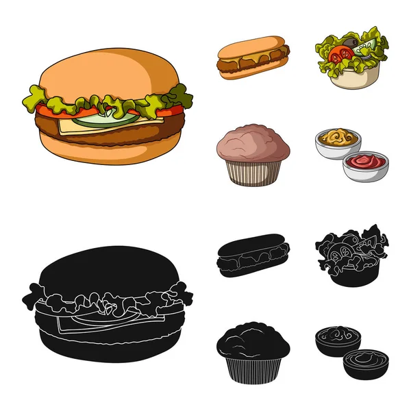 Cibo, riposo, rinfreschi e altre icone web in cartone animato, stile nero.Torta, biscotto, crema, icone nella collezione set . — Vettoriale Stock