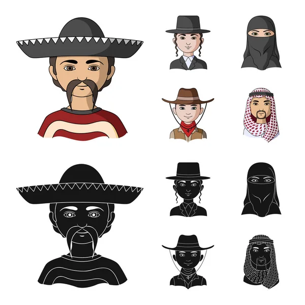 Un mexicano, un judío, una mujer de Oriente Medio, un americano. La raza humana establece iconos de colección en dibujos animados, negro estilo vector símbolo stock ilustración web . — Vector de stock