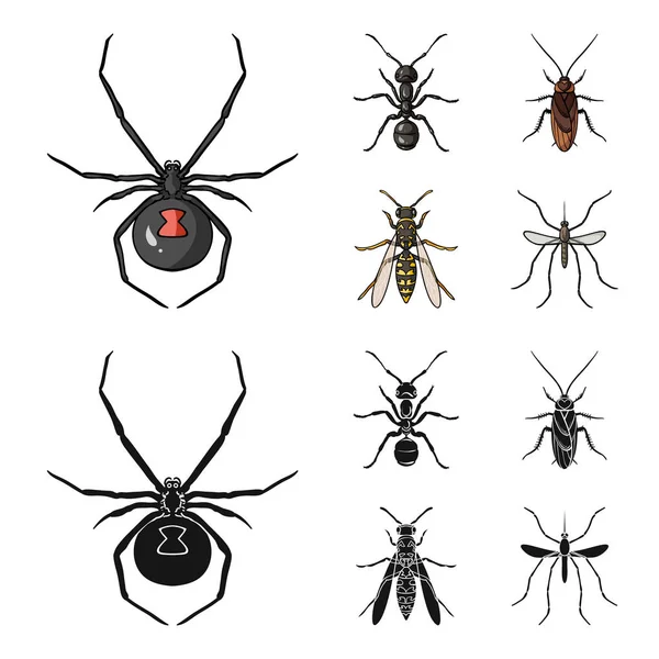 蜘蛛, 蚂蚁, 黄蜂, 蜜蜂。昆虫集合图标在卡通, 黑色风格矢量符号股票插画网站. — 图库矢量图片