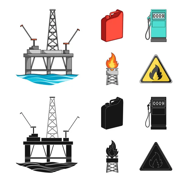 Bote para gasolina, gasolinera, torre, señal de advertencia. Juegos de aceite colección iconos en dibujos animados, negro estilo vector símbolo stock ilustración web . — Vector de stock