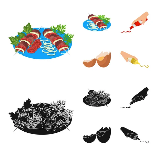 Kebab shish con verduras, ketchup y mostaza, condimento para la comida, huevo roto. Comida y cocina conjunto colección iconos en dibujos animados, negro estilo vector símbolo stock ilustración web . — Vector de stock