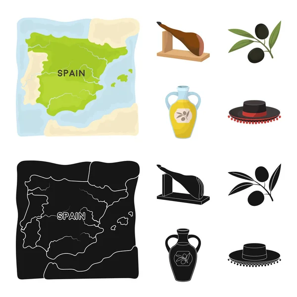 Mapa de Espanha, prato nacional de pijama, azeitonas em um ramo, óleo de azeitona em uma garrafa. Espanha país conjunto coleção ícones em desenhos animados, estilo preto símbolo vetorial ilustração web . — Vetor de Stock