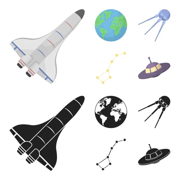 Planeta Terra com continentes e oceanos, satélite voador, Ursa Major, OVNI. Espaço conjunto coleção ícones em desenhos animados, estilo preto símbolo vetorial ilustração web . —  Vetores de Stock