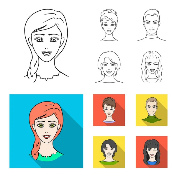 Verschillende looks van jonge mensen. Avatar en gezicht ingesteld collectie iconen in overzicht, vlakke stijl vector symbool stock illustratie web. — Stockvector