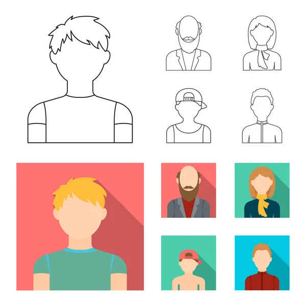 Niño en una gorra, pelirroja adolescente, abuelo con barba, una mujer.Avatar conjunto de iconos de la colección en el contorno, plano estilo vector símbolo stock ilustración web . — Archivo Imágenes Vectoriales