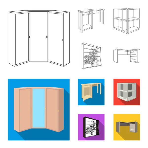 Coiffeuse, étagères d'angle, bureau d'ordinateur, armoire avec verre. Ensemble de meubles de chambre à coucher icônes de collection dans le contour, style plat vectoriel symbole illustration web . — Image vectorielle