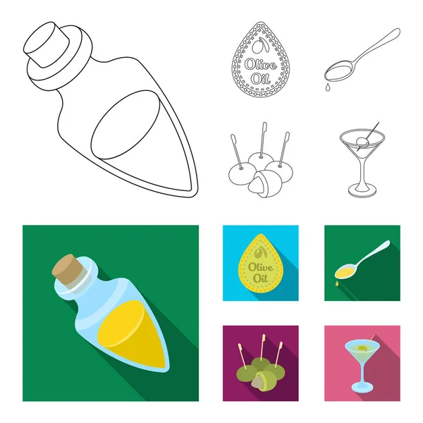 Etiqueta de aceite de oliva, cuchara con una gota, aceitunas en palitos, un vaso de alcohol. Aceitunas conjunto colección iconos en el contorno, plano estilo vector símbolo stock ilustración web . — Vector de stock