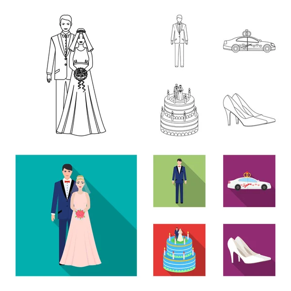 婚礼和属性卡通, 平面, 轮廓, 黑色图标在集集合为设计。新婚夫妇和附件矢量符号股票 web 插图. — 图库矢量图片