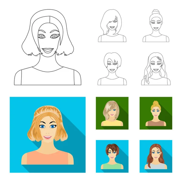 Tipe gaya rambut wanita, ikon datar dalam koleksi set untuk desain. Tampilan dari gambar web simbol vektor wanita . - Stok Vektor