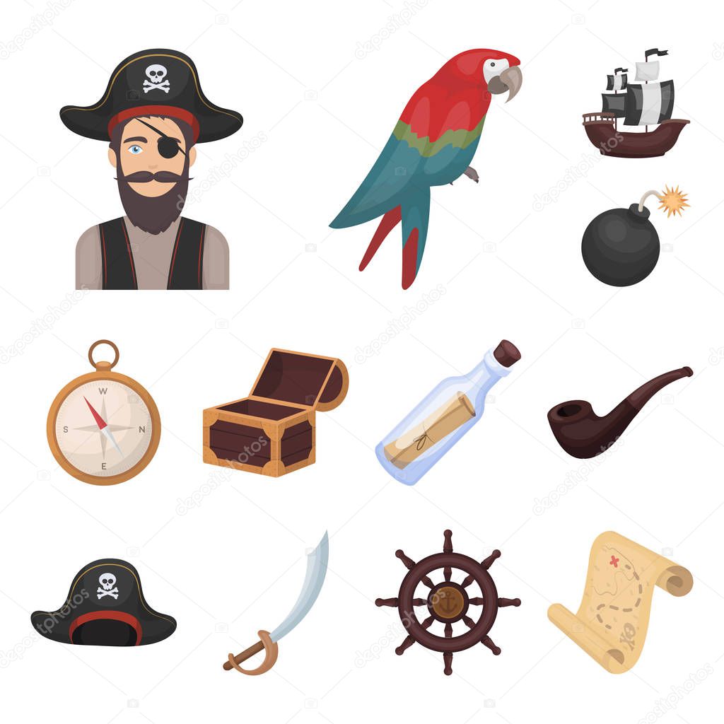 Pirate, sea robber cartoon icons in set collection for design. Treasures, attributes vector symbol stock web illustration.