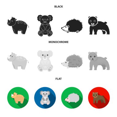 Gergedan, koala, Panter, kirpi. Hayvan toplama simgeler siyah, düz, tek renkli stil vektör simge stok çizim web içinde ayarla..