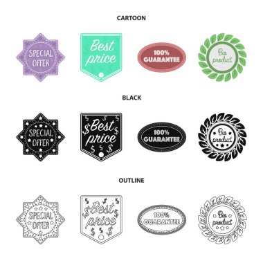 Özel teklif, en iyi ŞA, garanti, bio ürün. Etiket, çizgi film, siyah, anahat stili vektör simge stok çizim web içinde toplama simgeler ayarla.