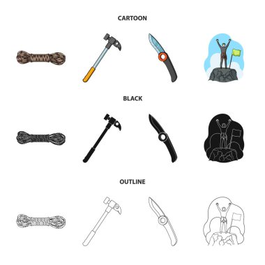 Dağcı fethedilen top, ip, bıçak, çekiç bobin. Dağcılık toplama simgeler çizgi film, siyah, anahat stili vektör simge stok çizim web içinde ayarla..