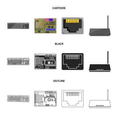 Klavye, yönlendirici, anakart ve bağlayıcı. Kişisel bilgisayar toplama simgeler çizgi film, siyah, anahat stili vektör simge stok çizim web içinde ayarla..