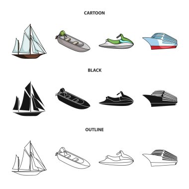 Antik Yelkenli, motorlu tekne, scooter, deniz gemisi. Gemi ve Su ulaştırma araçları toplama simgeler çizgi film, siyah, anahat stili vektör simge stok çizim web içinde ayarla.