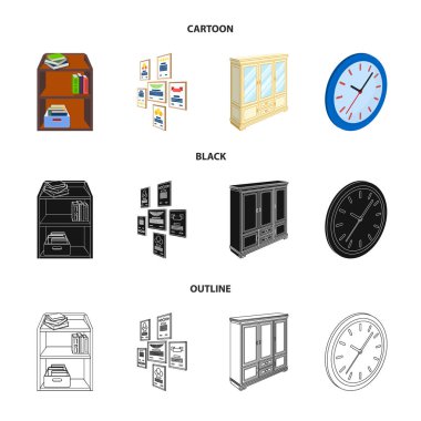 Kitap ve belgeler, duvardaki, çerçeveler ile raf kabine, saatler yuvarlak. Ofis iç Toplama Icons set çizgi film, siyah, anahat stili izometrik vektör simge stok çizim web.