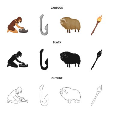 Sığır, yakalamak, kanca, Balık tutma. Taş devri çizgi film, siyah, anahat stili vektör simge stok çizim web içinde toplama simgeler ayarla.