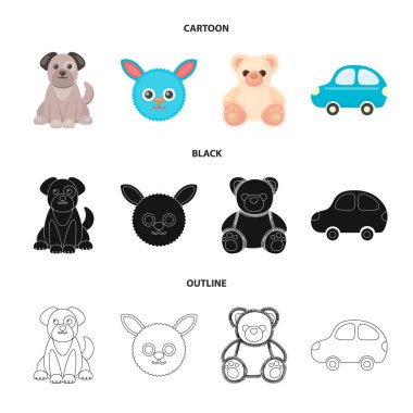 Çocuk çizgi film, siyah, anahat simgeleri set koleksiyonu tasarım için oyuncak. Oyun ve önemsiz şey sembol stok illüstrasyon vektör.