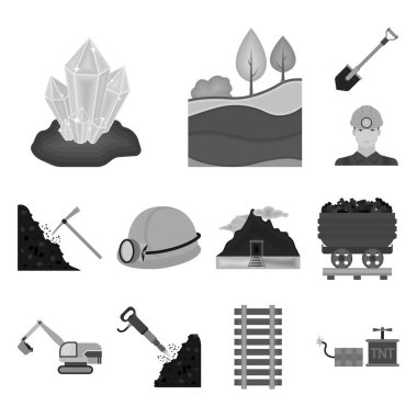 Set koleksiyonu tasarım için sanayi tek renkli simgeler madencilik. Cihazlar ve sembol stok web illüstrasyon vektör.