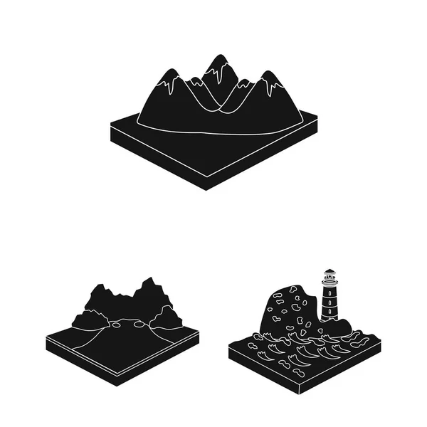 Berg, massiva svart ikoner i set samling för design. Ytan av den jorden vektorillustration isometrisk symbol lager web. — Stock vektor
