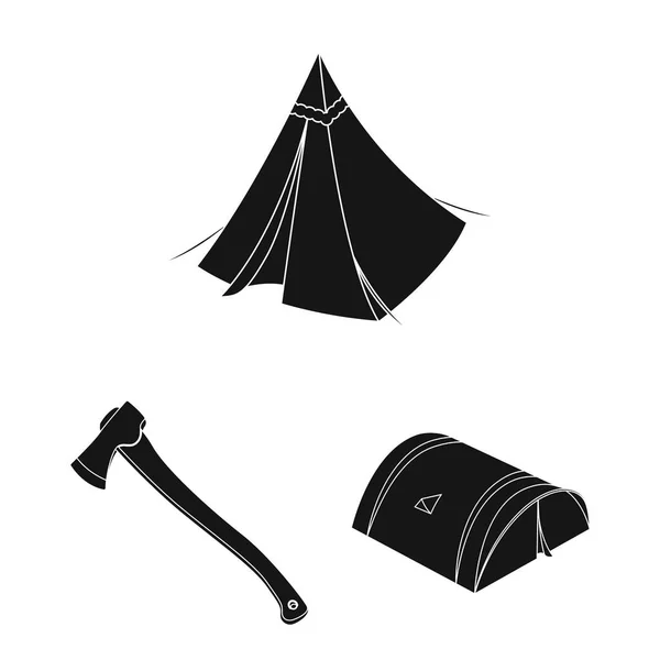 Различные виды палаток черные иконы в коллекции наборов для дизайна. Временное укрытие и векторные символы жилья на веб-иллюстрации . — стоковый вектор