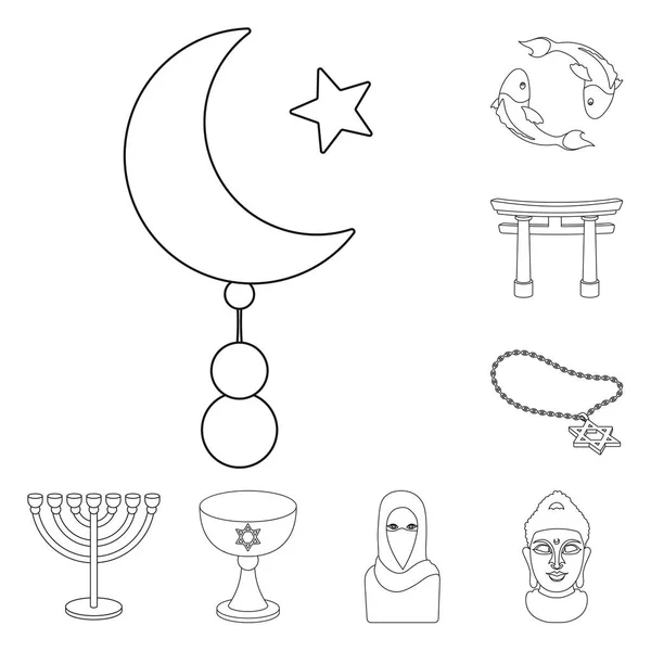Religião e crença delinear ícones na coleção de conjuntos para o design. Acessórios, oração vetor símbolo web ilustração . — Vetor de Stock
