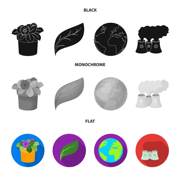 가공 공장, 꽃 냄비, 녹색 잎, 행성 Earth.Bio 및 생태에 블랙, 플랫, 흑백 스타일 벡터 기호 재고 일러스트 웹에 컬렉션 아이콘을 설정. — 스톡 벡터