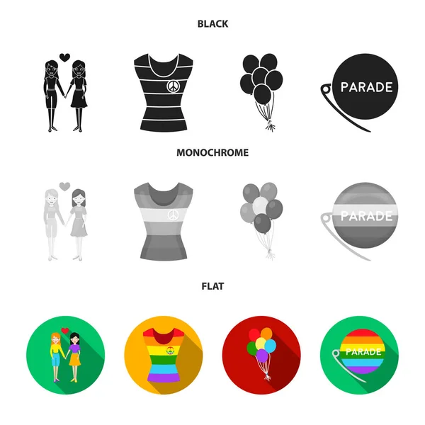 Lesbiche, vestiti, palle, sfilata gay. Gay set raccolta icone in nero, piatto, monocromatico stile vettore simbolo stock illustrazione web . — Vettoriale Stock