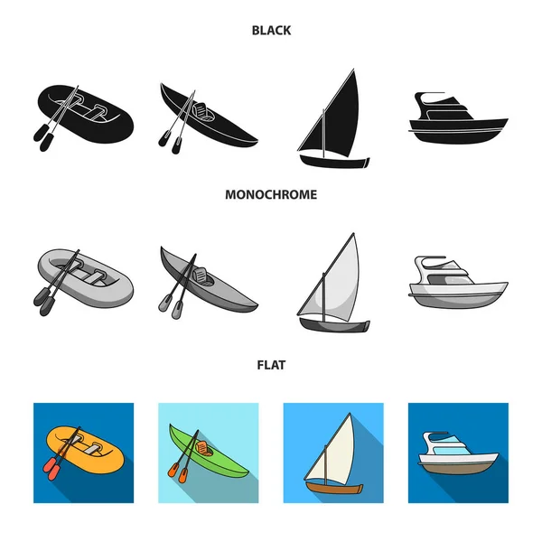 Гумовий рибальський човен, каяк з веслами, рибальська шхуна, моторна яхта. Кораблі та водні перевезення встановлюють колекційні значки в чорному, плоскому, монохромному стилі Векторний символ стокової ілюстрації Інтернет . — стоковий вектор