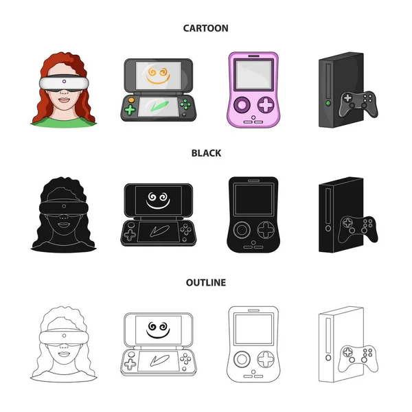 Consola de juegos y dibujos animados de realidad virtual, negro, iconos de contorno en la colección de conjuntos para el diseño.Game Gadgets vector símbolo stock web illustration . — Vector de stock