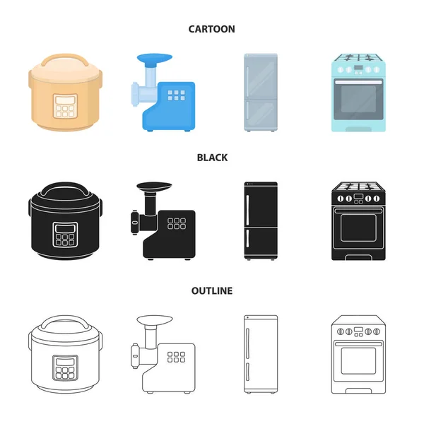 Multivarka, 冰箱, 绞肉机, 煤气炉。家庭集合图标在卡通, 黑色, 轮廓风格矢量符号股票插画网站. — 图库矢量图片