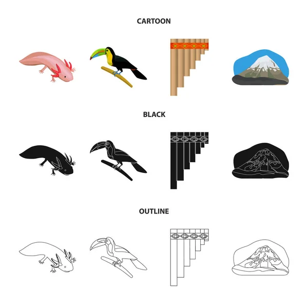 Sampono メキシコの楽器、オリサバ、長いくちばしを持つ鳥はメキシコで最も高い山、アホロートルは希少動物。メキシコ国漫画、黒のアウトライン スタイル コレクションのアイコンを設定 — ストックベクタ