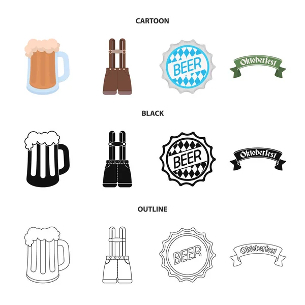 Shorts mit Hosenträgern, ein Glas Bier, ein Schild, ein Emblem. oktoberfest set sammlung symbole in cartoon, schwarz, umriss stil vektor symbol stock illustration web. — Stockvektor