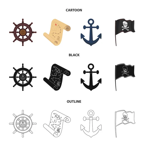 Pirata, bandido, timón, bandera .Pirates conjunto de iconos de la colección en la historieta, negro, contorno estilo vector símbolo stock illustration web . — Vector de stock
