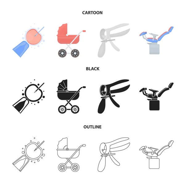Искусственное оплодотворение, детская коляска, инструмент, гинекологическое кресло. Иконки коллекции беременных в мультипликационном, черном, набросок векторных символов стиля иконок . — стоковый вектор