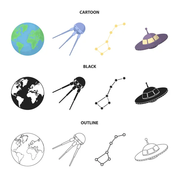 Planète Terre avec continents et océans, satellite volant, Ursa Major, OVNI. Ensemble d'espace icônes de collection en dessin animé, noir, contour style vectoriel symbole illustration web . — Image vectorielle