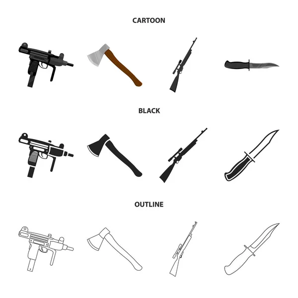 Ax, rifle de atirador automático, faca de combate. Armas definir ícones de coleção em desenhos animados, preto, estilo esboço vetor símbolo estoque ilustração web . —  Vetores de Stock
