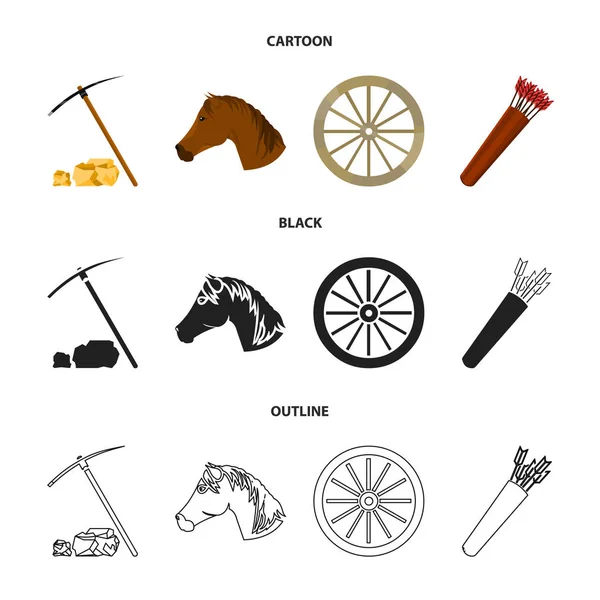 Pickax azada, cabeza de caballo, carro de la rueda, carcaj con flechas. Iconos de colección del oeste salvaje conjunto en la historieta, negro, contorno estilo vector símbolo stock ilustración web . — Vector de stock