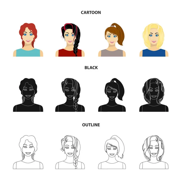 Types of female hairstyles cartoon, black, outline icons in set collection for design. Внешний вид веб-иллюстрации женского векторного символа . — стоковый вектор