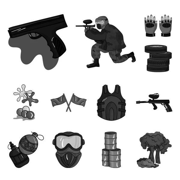 Paintball, team spelet svartvita ikoner i set samling för design. Utrustning och outfit vektor symbol lager web illustration. — Stock vektor