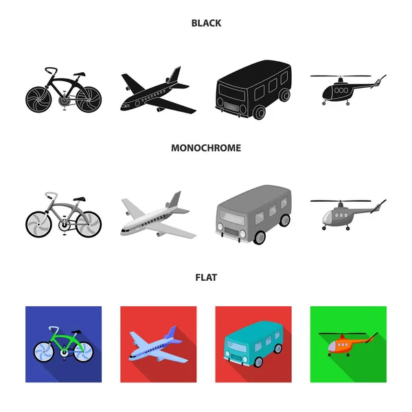 Bicicleta, avión, autobús, helicóptero tipos de transporte. Transporte conjunto colección iconos en negro, plano, monocromo estilo vector símbolo stock ilustración web . — Vector de stock