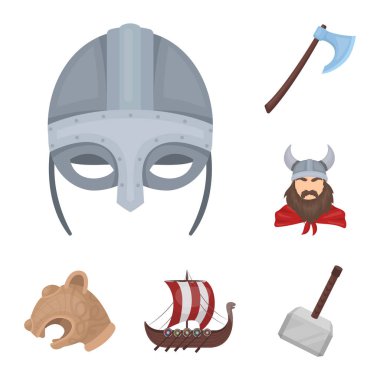 Vikingler ve öznitelikleri set koleksiyonu tasarım için simgeleri karikatür. Eski İskandinav savaşçı vektör simge stok web çizimi.