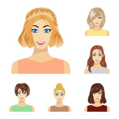 Kadın saç modelleri türleri set koleksiyonu tasarım için simgeleri karikatür. Bir kadın vektör simge stok web illüstrasyon görünümünü.