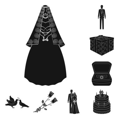 Düğün ve öznitelikleri set koleksiyonu tasarım için simgeler siyah. Sembol stok web illüstrasyon vektör yeni evliler ve aksesuarları.