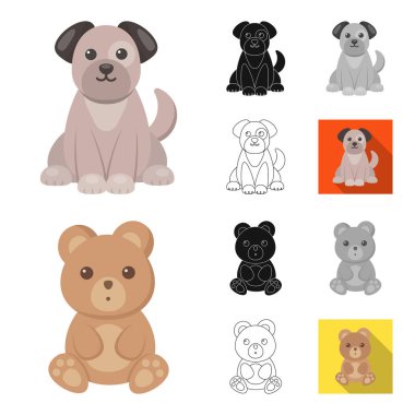 Bir gerçekçi olmayan hayvan karikatür, siyah, düz, siyah-beyaz anahat simgeleri set koleksiyonu tasarım için. Oyuncak hayvanlar sembol stok web illüstrasyon vektör.