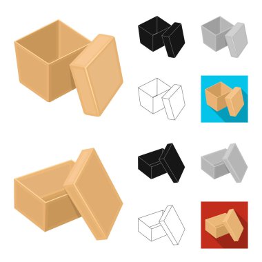 Farklı kutular çizgi film, siyah, düz, siyah-beyaz anahat simgeleri set koleksiyonu tasarım için. Ambalaj kutusu vektör simge stok web çizim.
